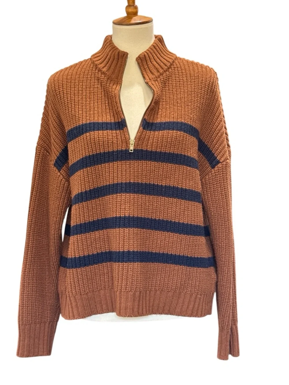 Sanctuary Rust & Navy Striped Half-Zip Turtleneck Sweater #350