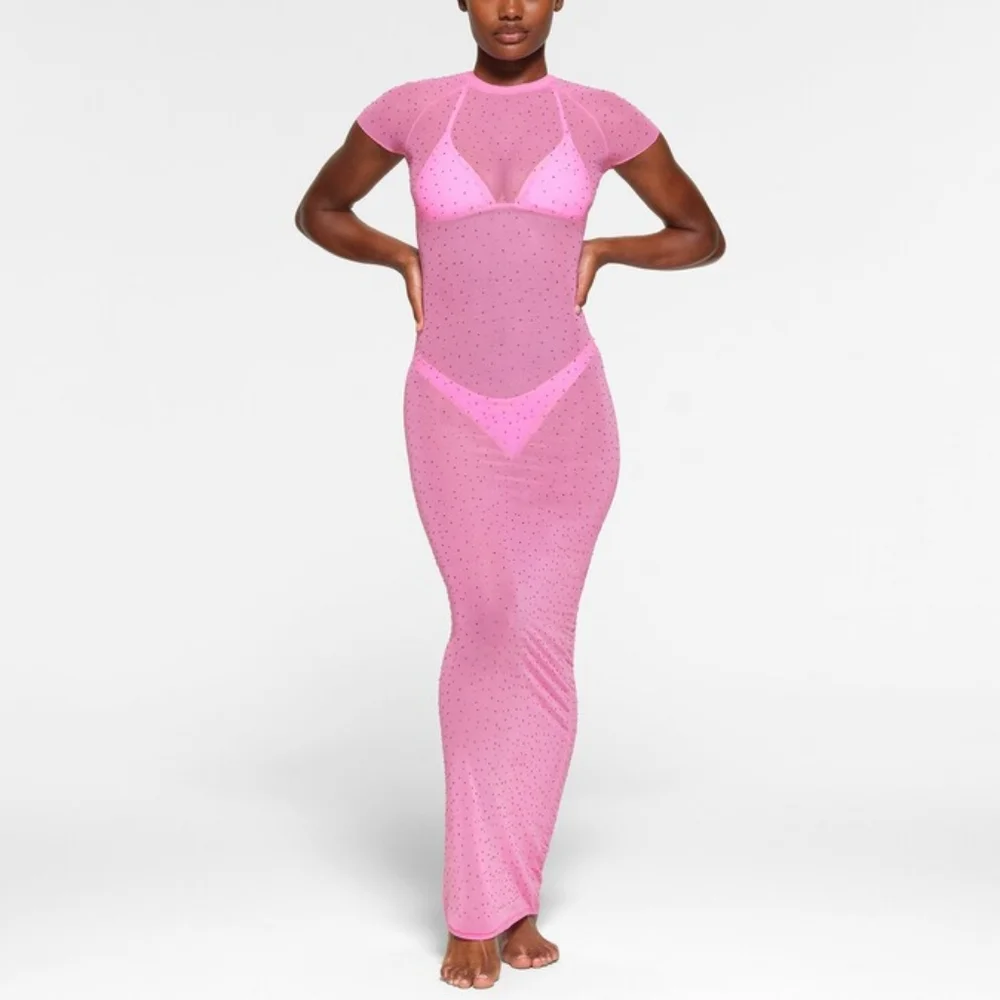 NWT SKIMS MESH RHINESTONE COVER UP LONG DRESS IN TAFFY
