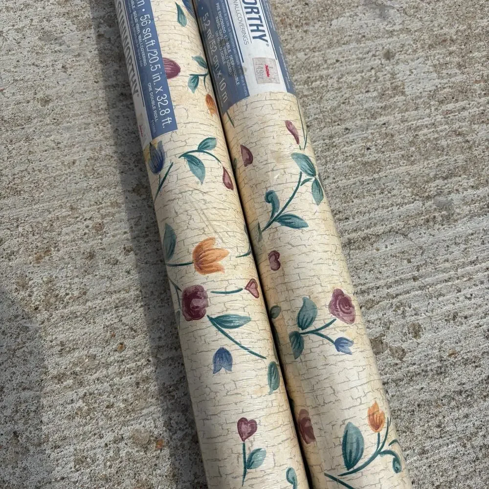 Lot of 2 Double Rolls Sunworthy Wallpaper Floral Flowers Wallcovering Pink cream