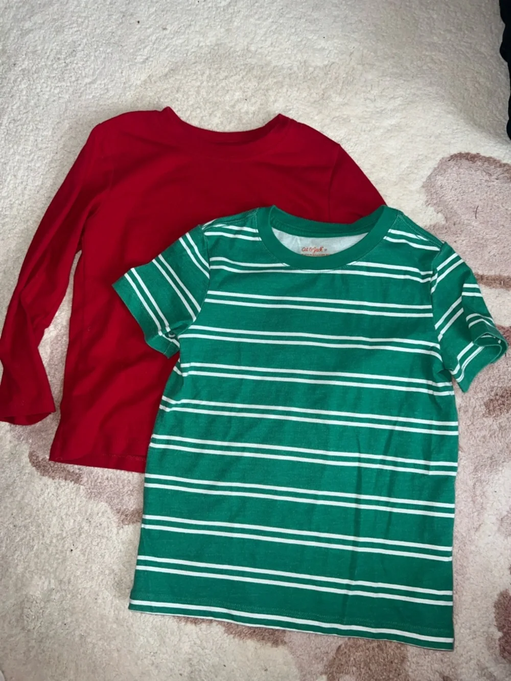Cat & Jack Green and White Striped Tee with Red Long-Sleeve Top Bundle