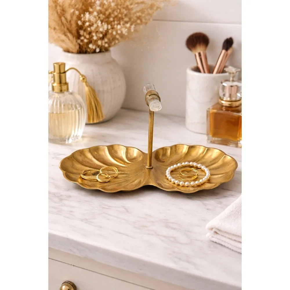 Vintage‎ Brass Double Shell Trinket Dish Candy Nut Server with Lucite Handle