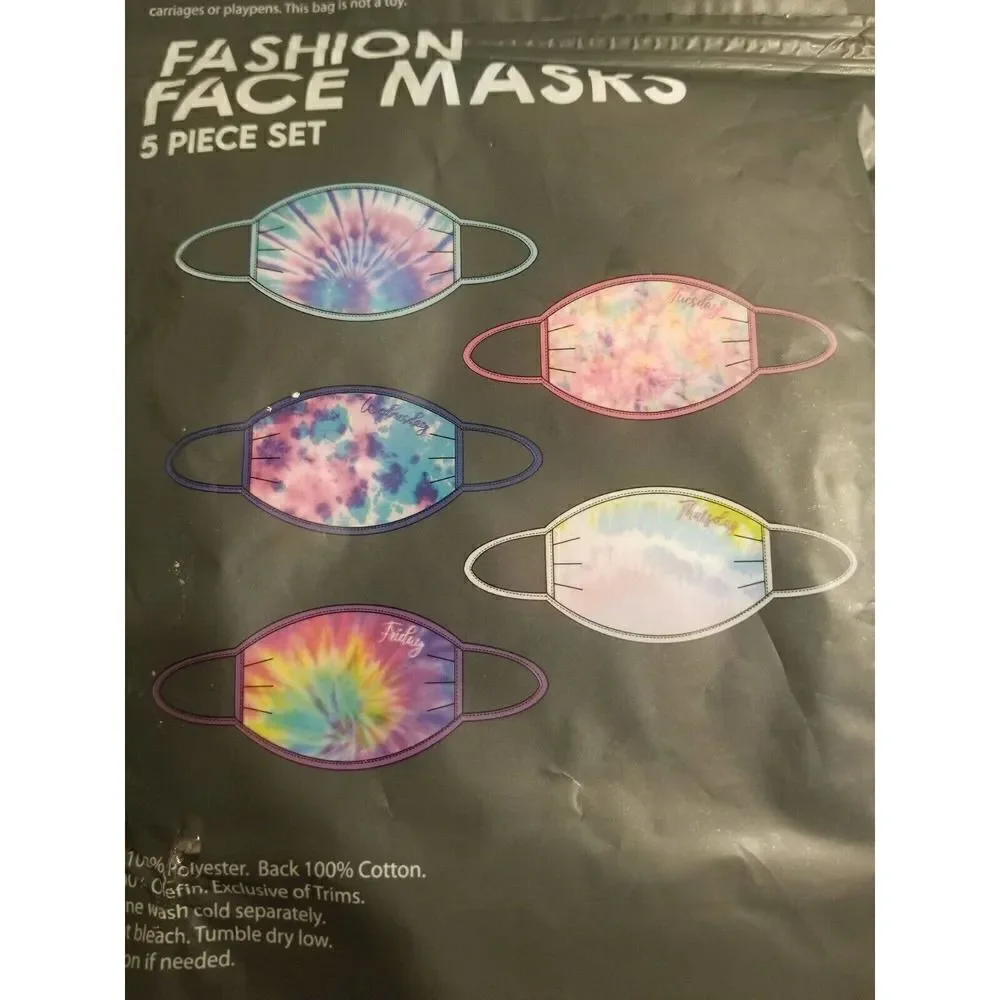 Tie Dye Pink Blue Purple Women's Face Masks 5 Piece Day of Week Washable Adult