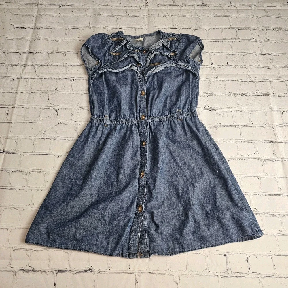 OshKosh B'gosh Kids 6X Dress Girls Denim Cap Sleeve Button Ruffles‎ Blue