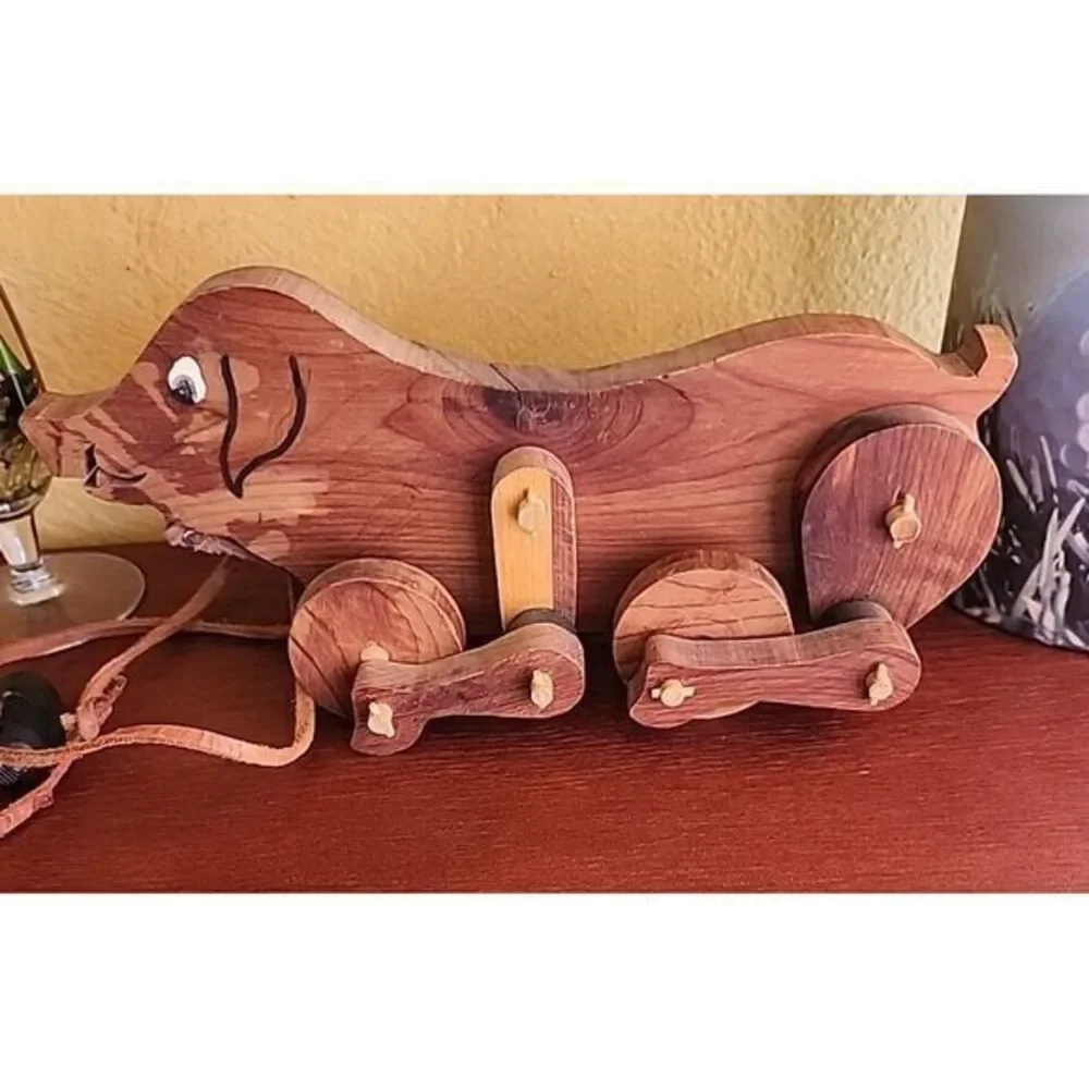 Vintage All Wood Pig‎ (Hog) Pull Toy Handmade