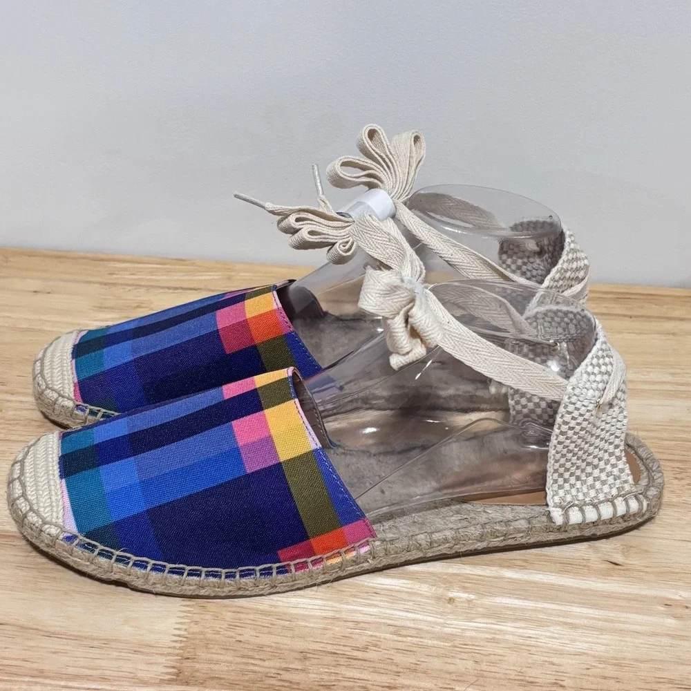 J. Crew Navy Blue Madras Plaid Ankle Tie D'Orsay Flat Espadrilles size 10.5 NEW