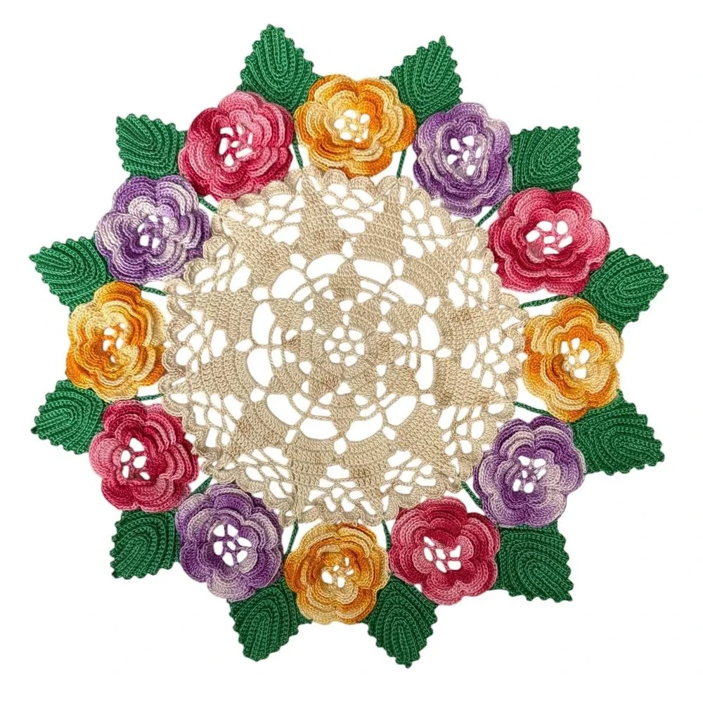 Handmade Crochet Rose Posy Doily 12 Inch Floral Centerpiece Decor