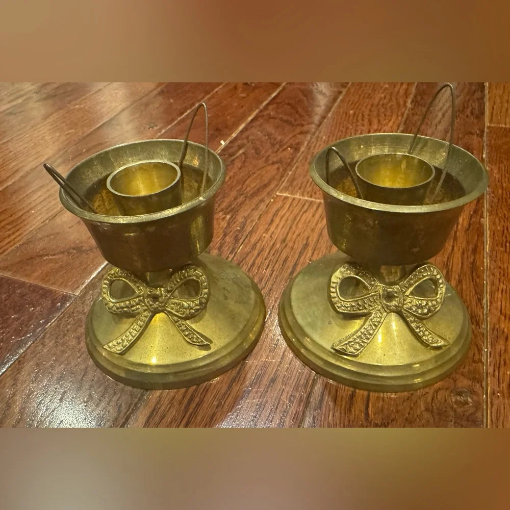 Pair of Vintage Brass Patina Bow Coquette Candle Holders Hurricane Candlestick