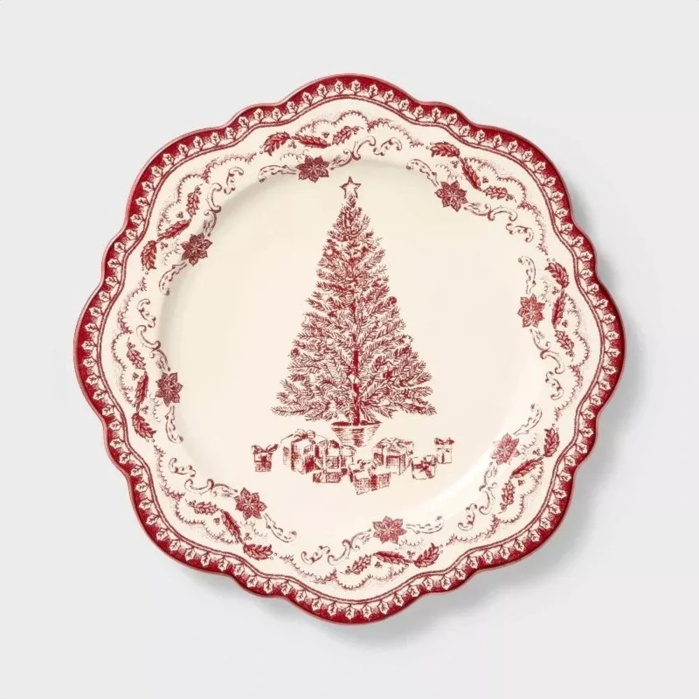 Studio McGee Stoneware Round Serving Platter Red w/ Toile Christmas Tree, Target