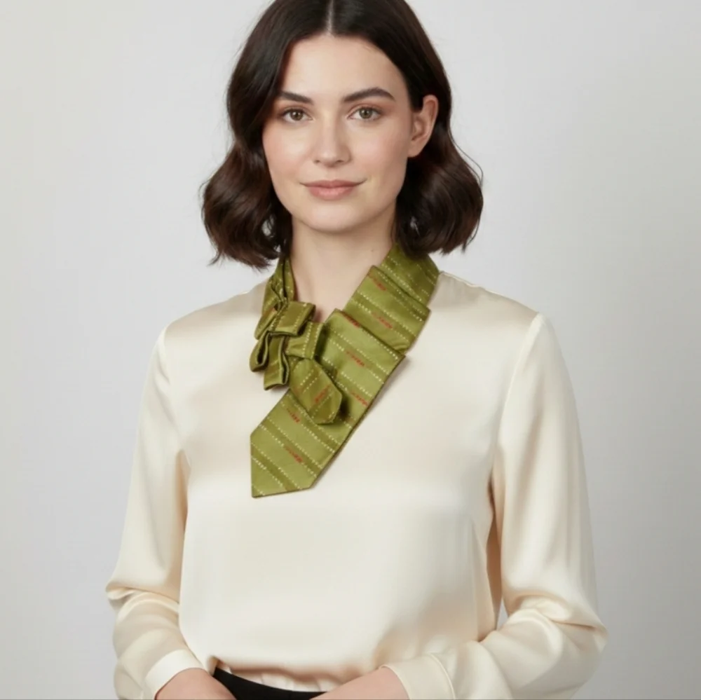 Women's Chartreuse Ascot Scarf - Green Silk Retro Scarf