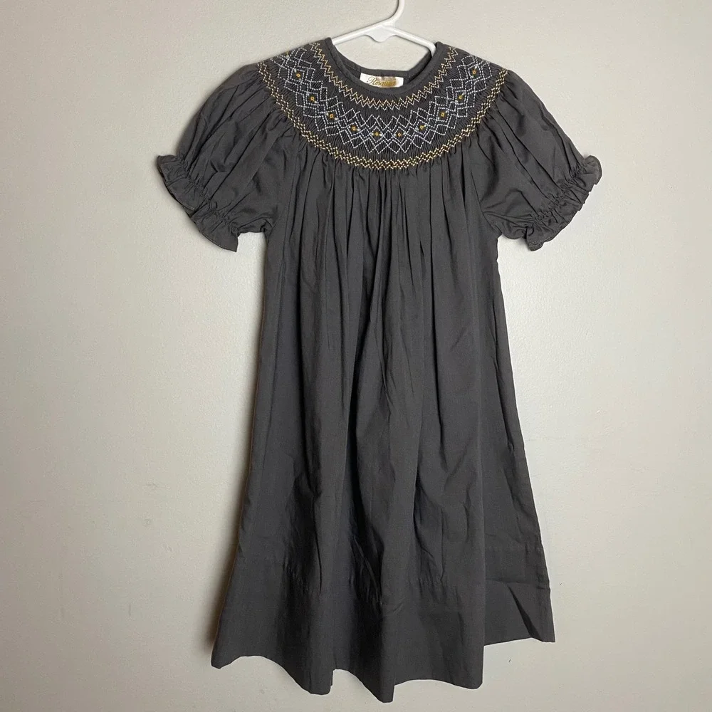 Rosalina Collections Smocked‎ Dress Girls 3T Gray Puff Sleeve Embroidered