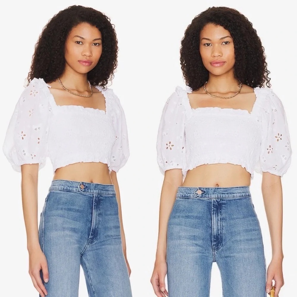 For Love and Lemons- Addison Blouse Size Large White Floral Puff Sleeve