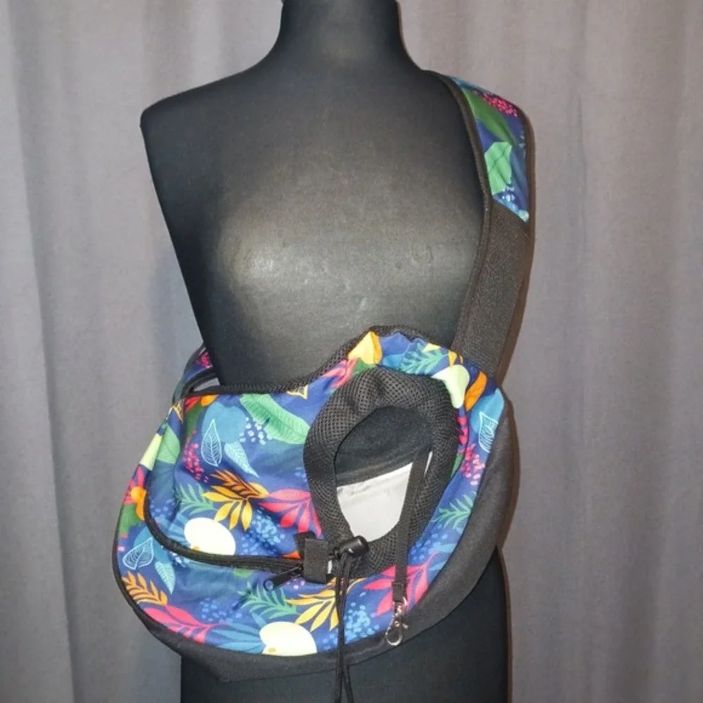 Fanfaree Pet Sling Dog Carrier Bag‎ Tropical Floral Blue Mesh Pocket