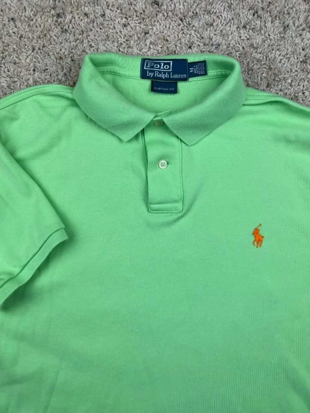 Polo Ralph Lauren Polo Shirt Size Medium Green Custom Fit Cotton Orange Pony