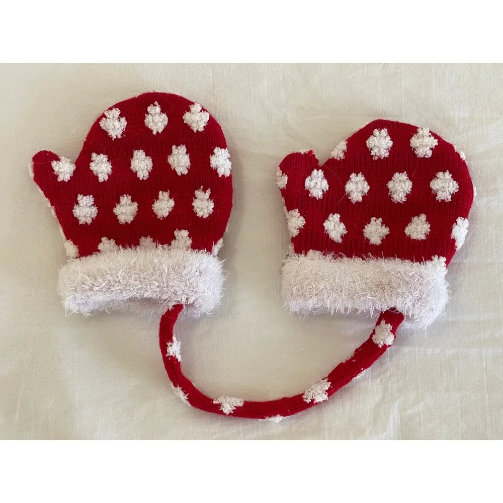 Kids Red White Knit Mittens with String Snowflake Pattern Faux Fur Trim‎ Winter