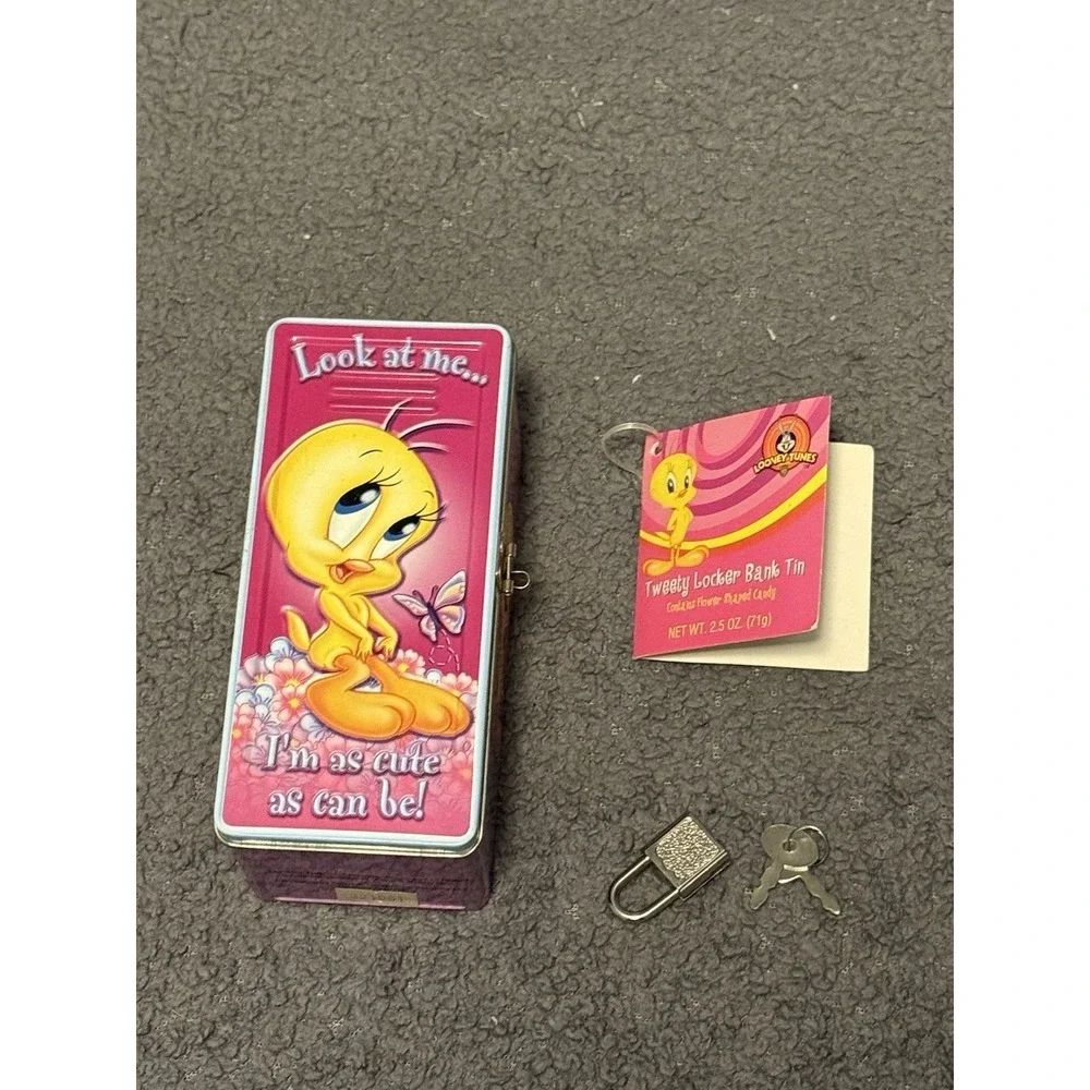 Vintage Y2K Looney Tunes Tweety Bird Mini Locker Bank Tin Houston Harvest 5.5