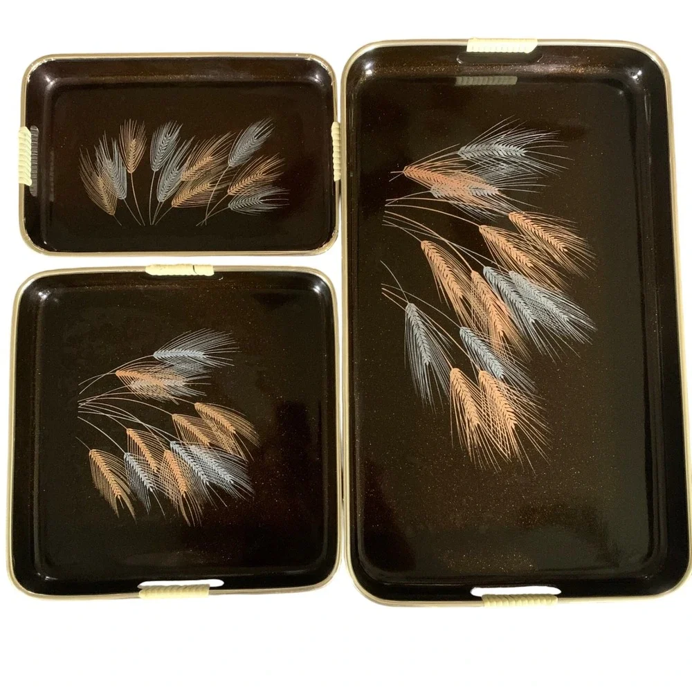 Vintage Japan Nesting Tray Set Wheat Design – 3 Serving Trays‎ w/ Handles Brown