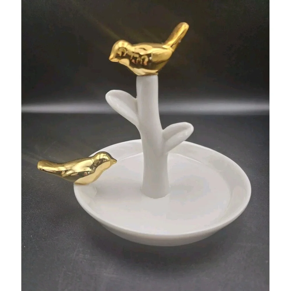 Porcelain Jewelry Ring Dish White Shiny Goldtone Birds Bird Dresser‎ Bathroom