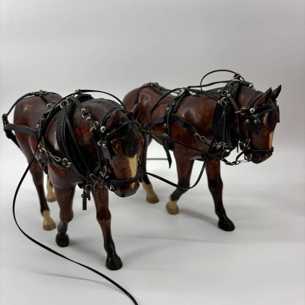 Rare Vintage Wooden Horses With Tooled Leather Bridle Reins Draft‎ Team