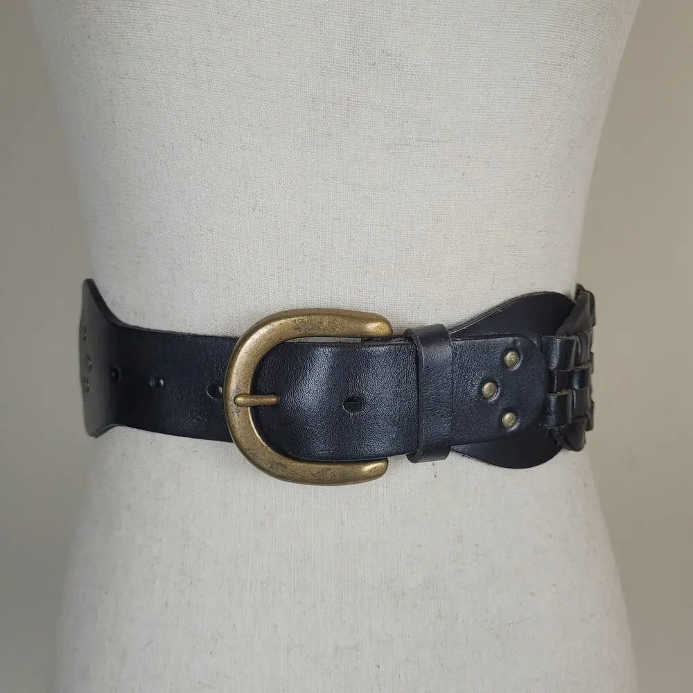 Gap Belt Womens Large Black Leather Wide Woven Plaited Waist Brass Buckle Boho