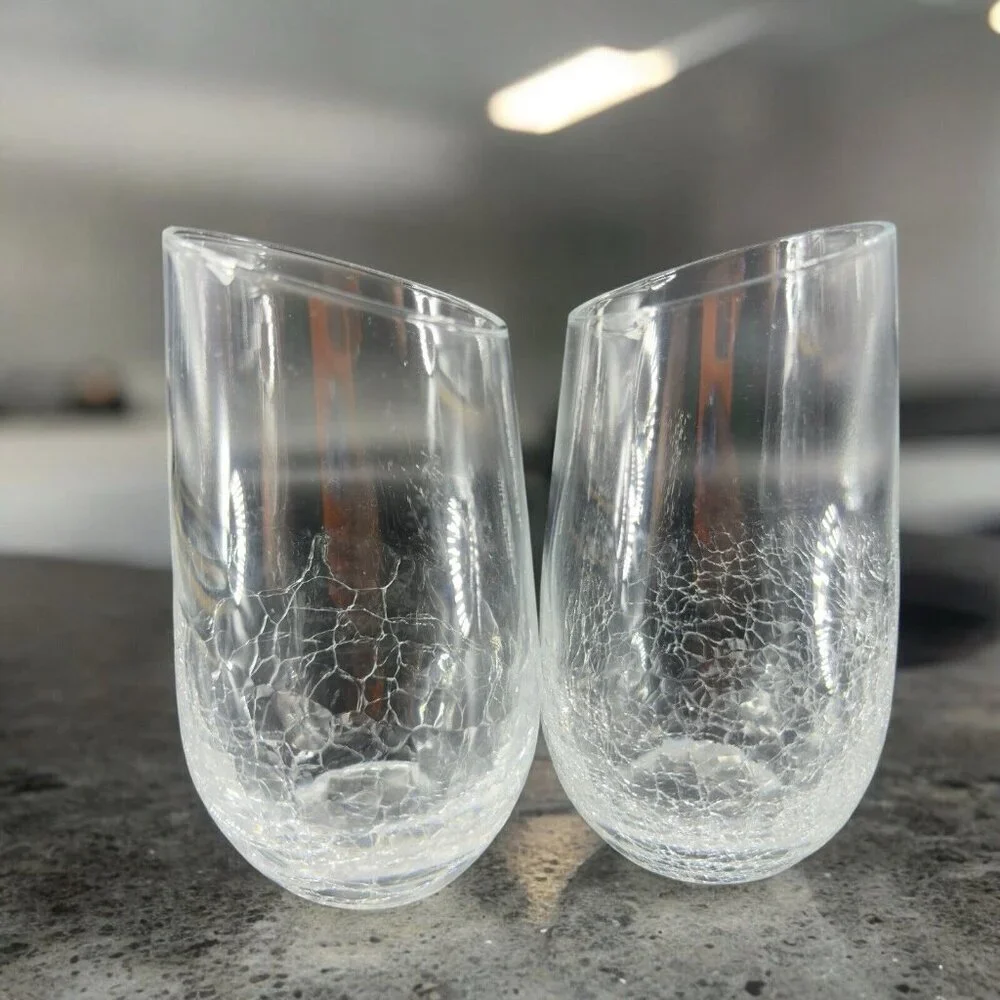Pier 1 Clear Crackled‎ Slanted Angled Rim Stemless Wine Glasses Tumbler Set 2