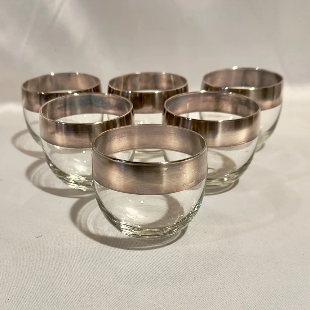 Mid-Century Dorothy Thorpe Rock Glasses Punch Cups Silver Rim Set of 6