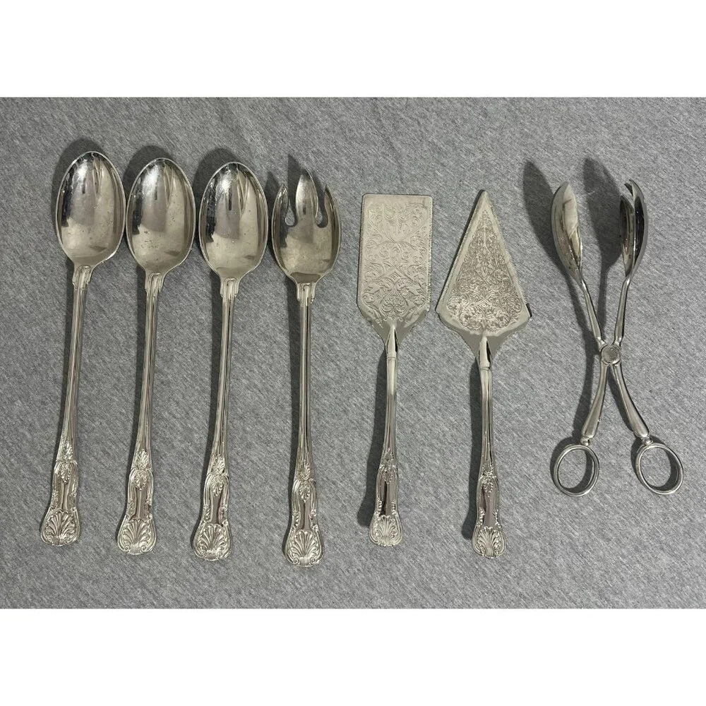 Ornate Shell‎ Pattern Silverplate Serving Utensil Set Lot 7 Spoons Servers Tongs