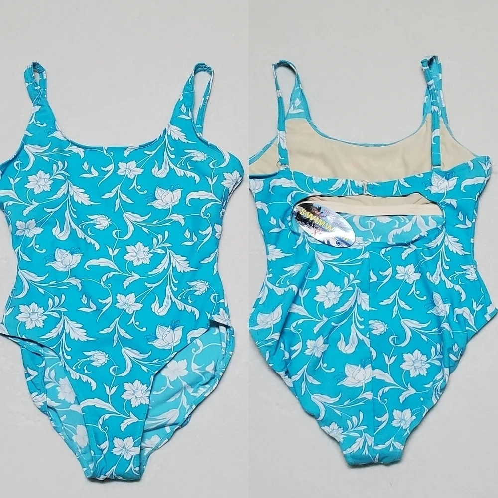 Volup Southern Expressions Sky Blue White Tropical Floral Peek-a-boo Swimsuit XL