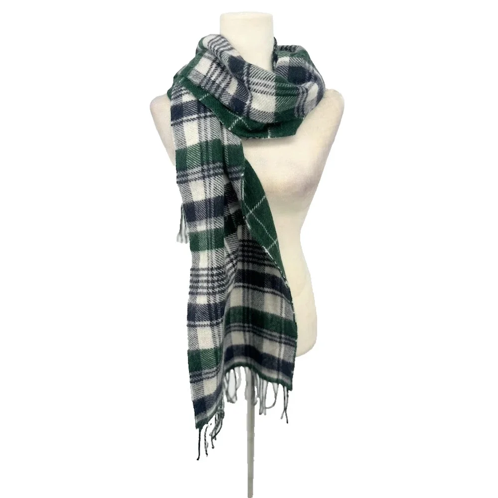 Jos A Bank Plaid Scarf Blue Green Reversible 100% Soft Acrylic Fringe Preppy