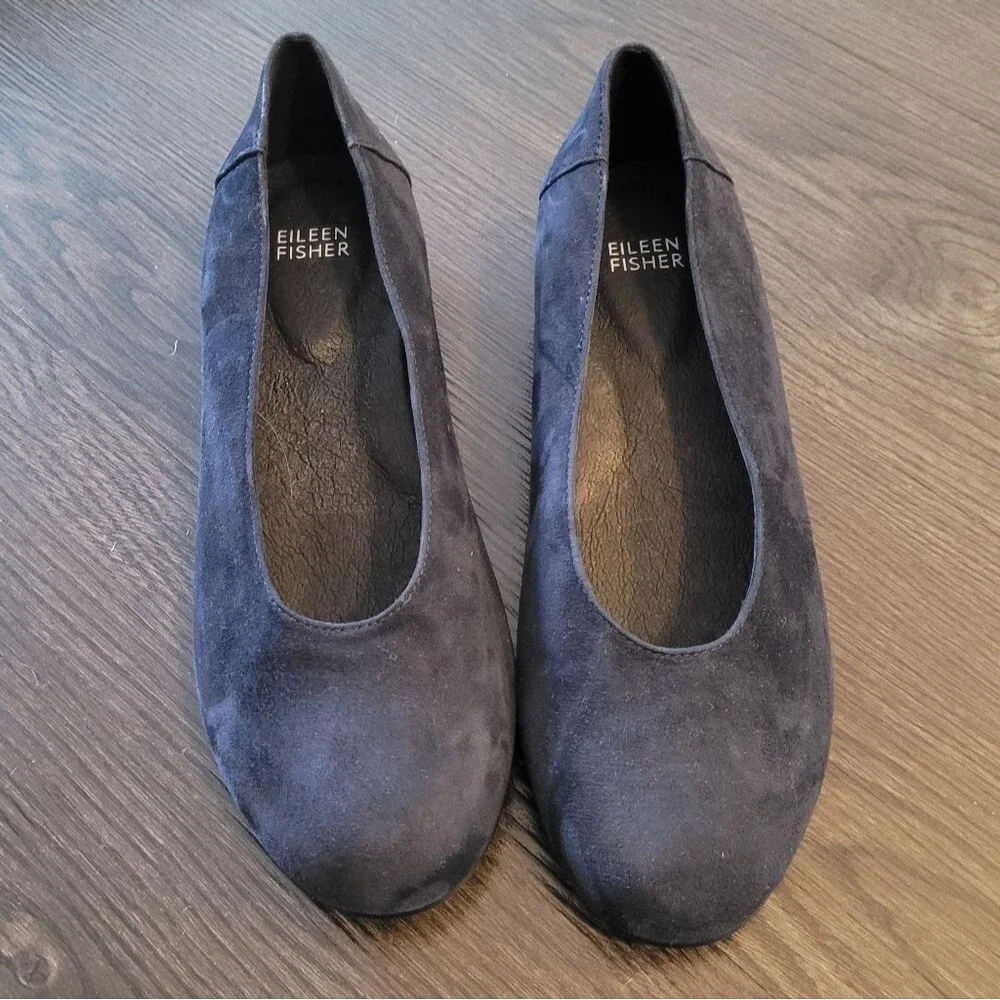 Eileen Fisher Una 2 Navy Blue Suede Flats 7.5 Minimalist Comfort Slip On Wedge