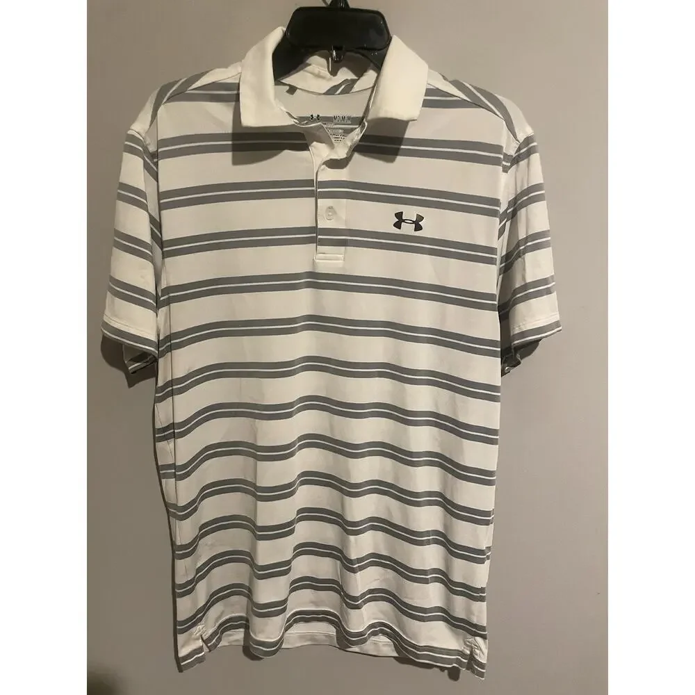 Under Armour Polo Heat‎ Gear Groove Striped Top Tech Golf Shirt White Medium