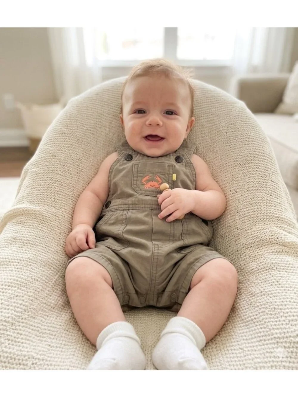 Carters Baby  Boy Crab Embroidered Overalls Beige Size 3 Months Coastal Summer