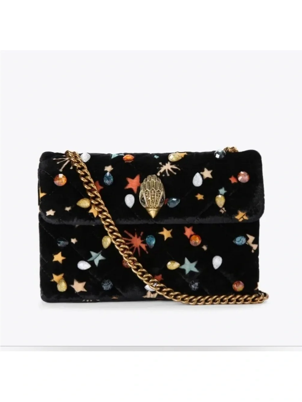 Kurt Geiger Black Velvet Star and Jewel Embellished Shoulder Bag with Gold Chain