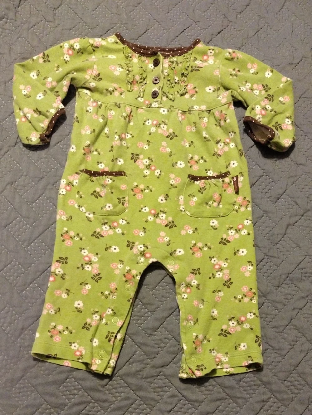 Carter's Green Floral Long-Sleeve Footie with Brown Trim