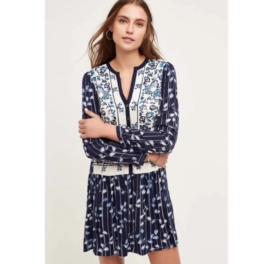 BOGO! Anthropologie Tiny Embroidered Shirt Shift Dress Floral Blue XS