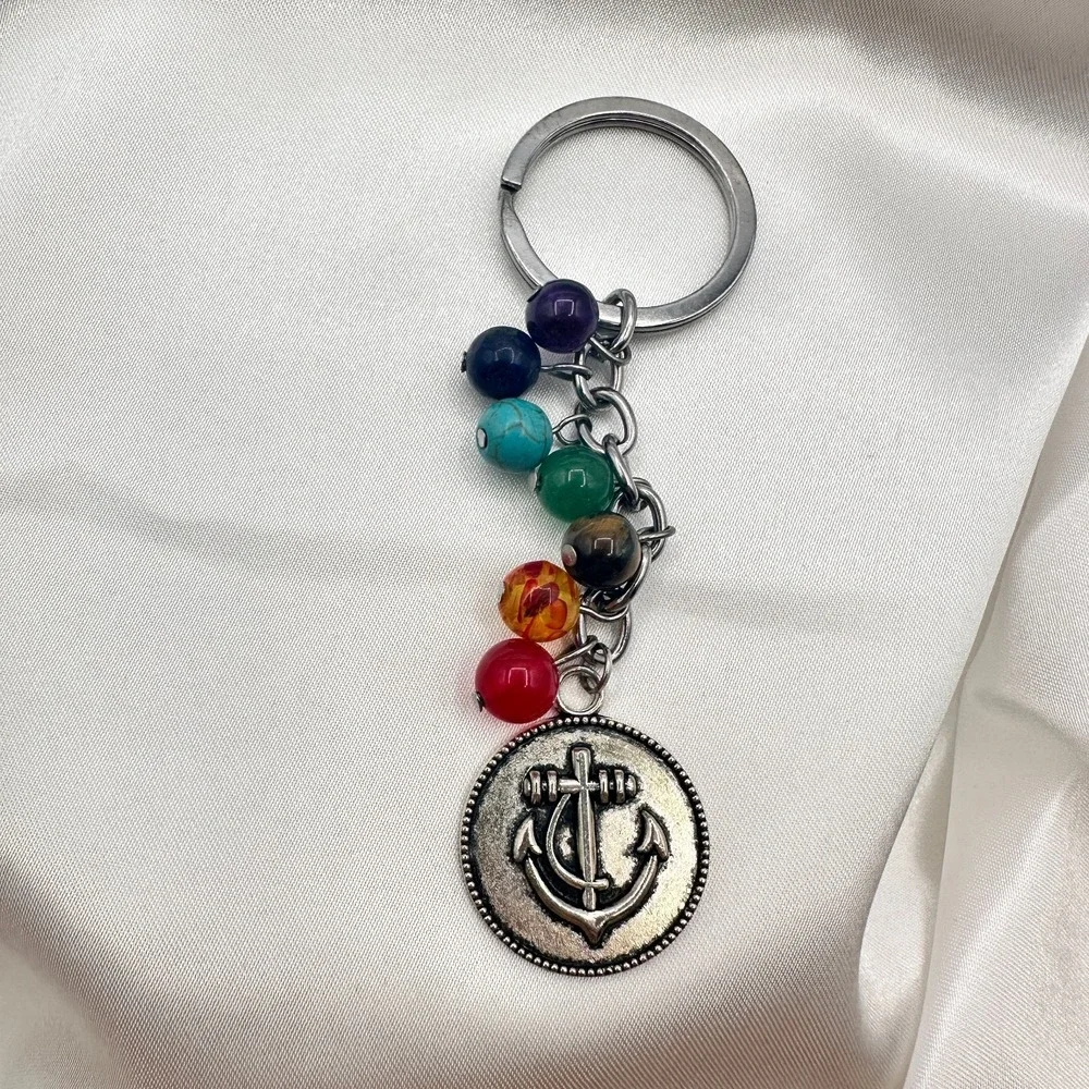 Vintage 80s 7 Chakra Healing Stone Keychain Yoga Reiki Anchor Charm Gift Jewelry