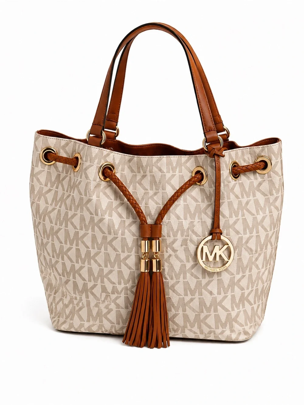 Michael Kors Jet Set Signature Drawstring Tote Bag Vanilla Brown Shoulder Purse
