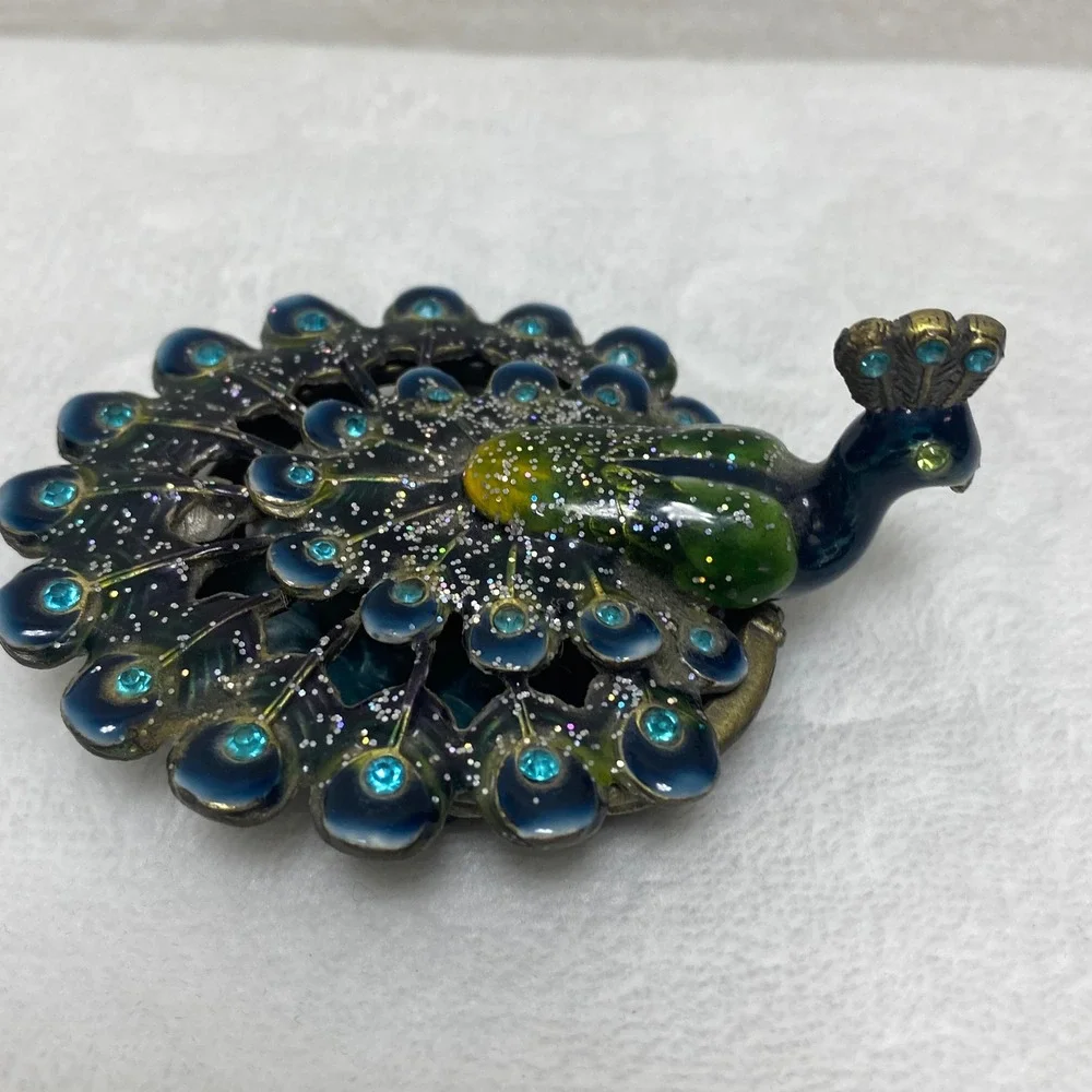 Peacock‎ Trinket Box Magnetic Enamel Jeweled Decorative Figurine Blue Green