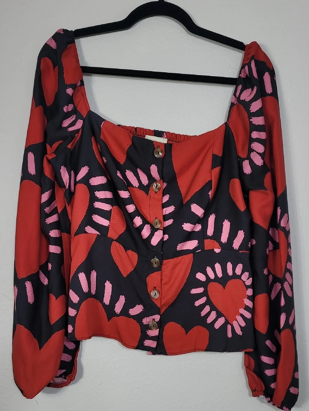 Farm Rio Hearts Long Sleeve Blouse Size Large Red Pink Black Puff Sleeve Cottage