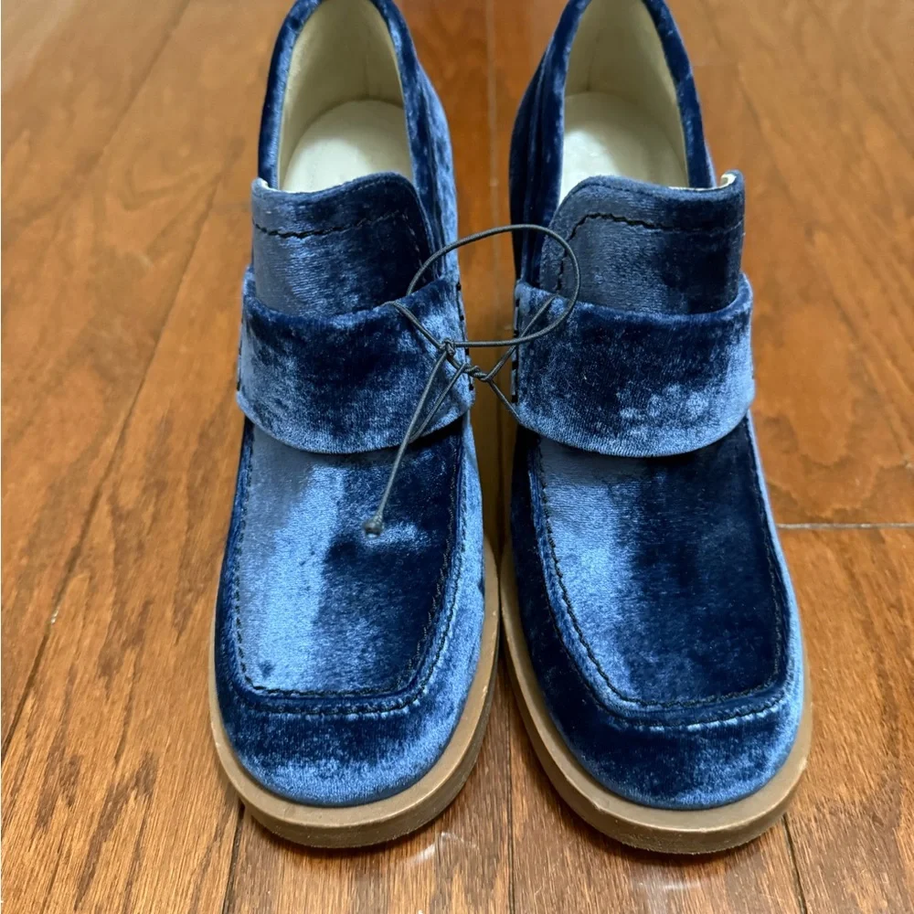 Marni Blue Velvet Platform Loafers Block Heel Square Toe Made in Italy Size 37.5