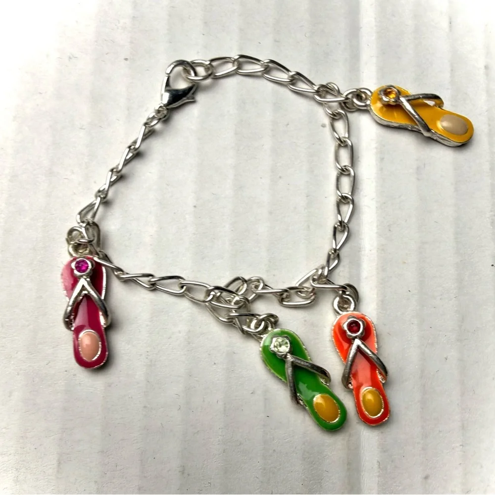 Vintage Silver Tone Enamel Flip Flop Charm Bracelet Sandals‎ Beach Colorful Y2K