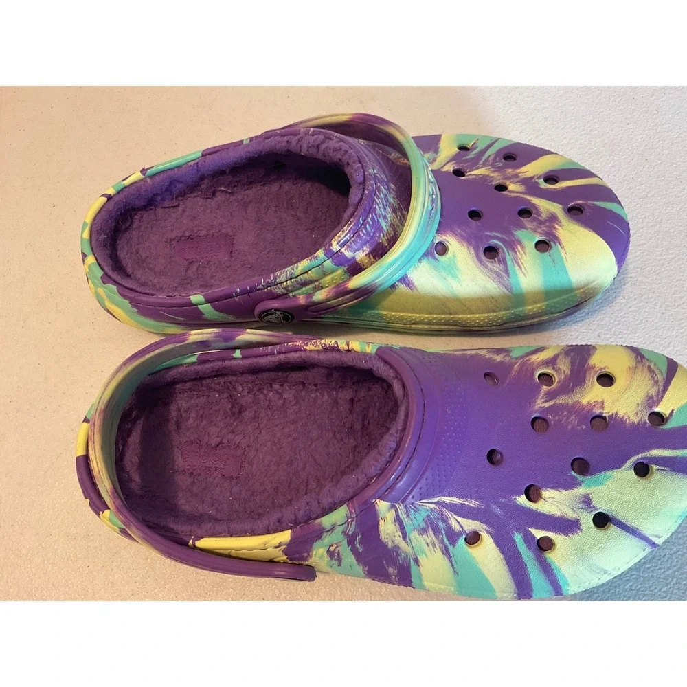 CROCS purple yellow