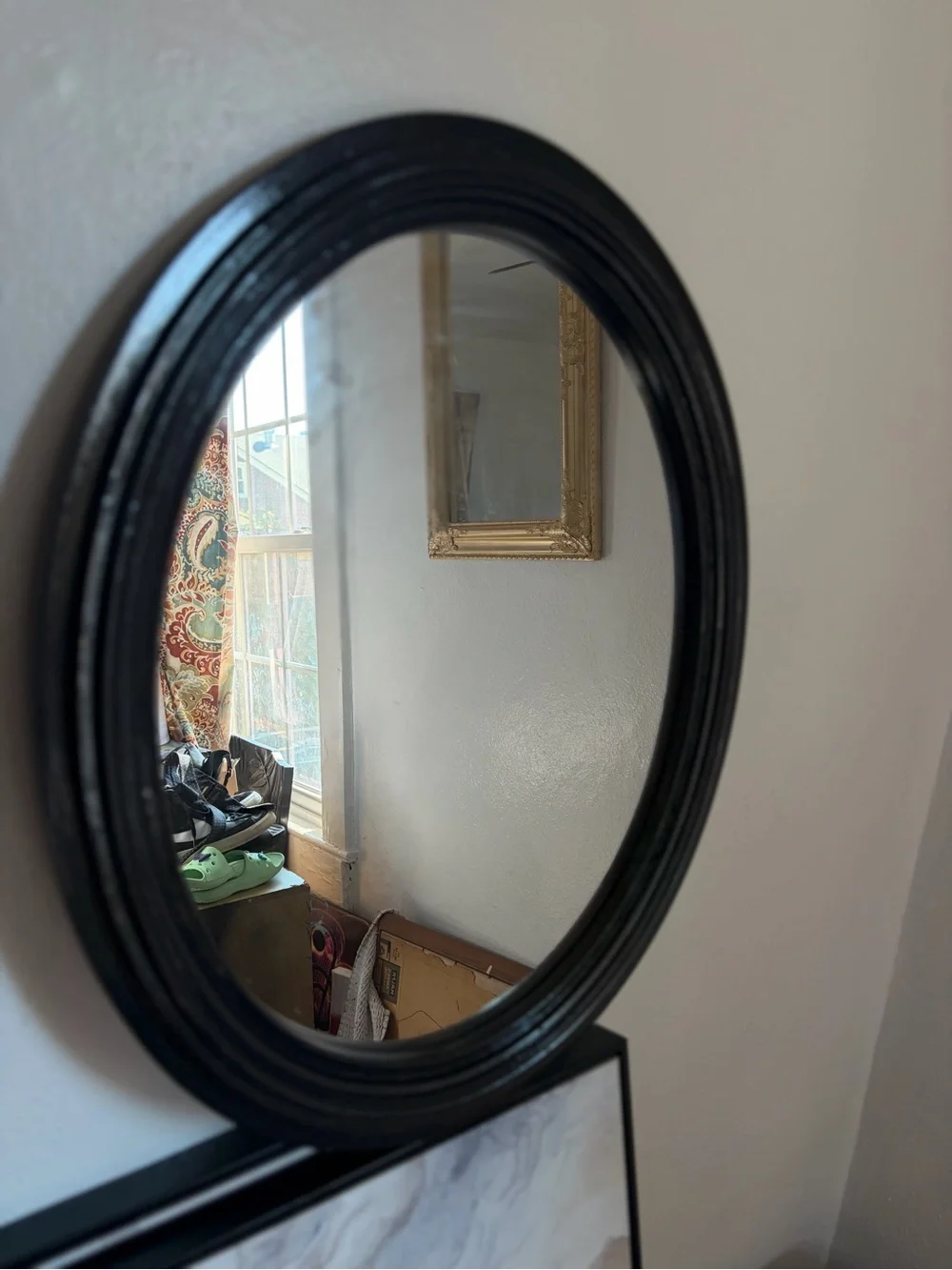 Oval Black Wall Mirror with Classic Wood Rounded Frame