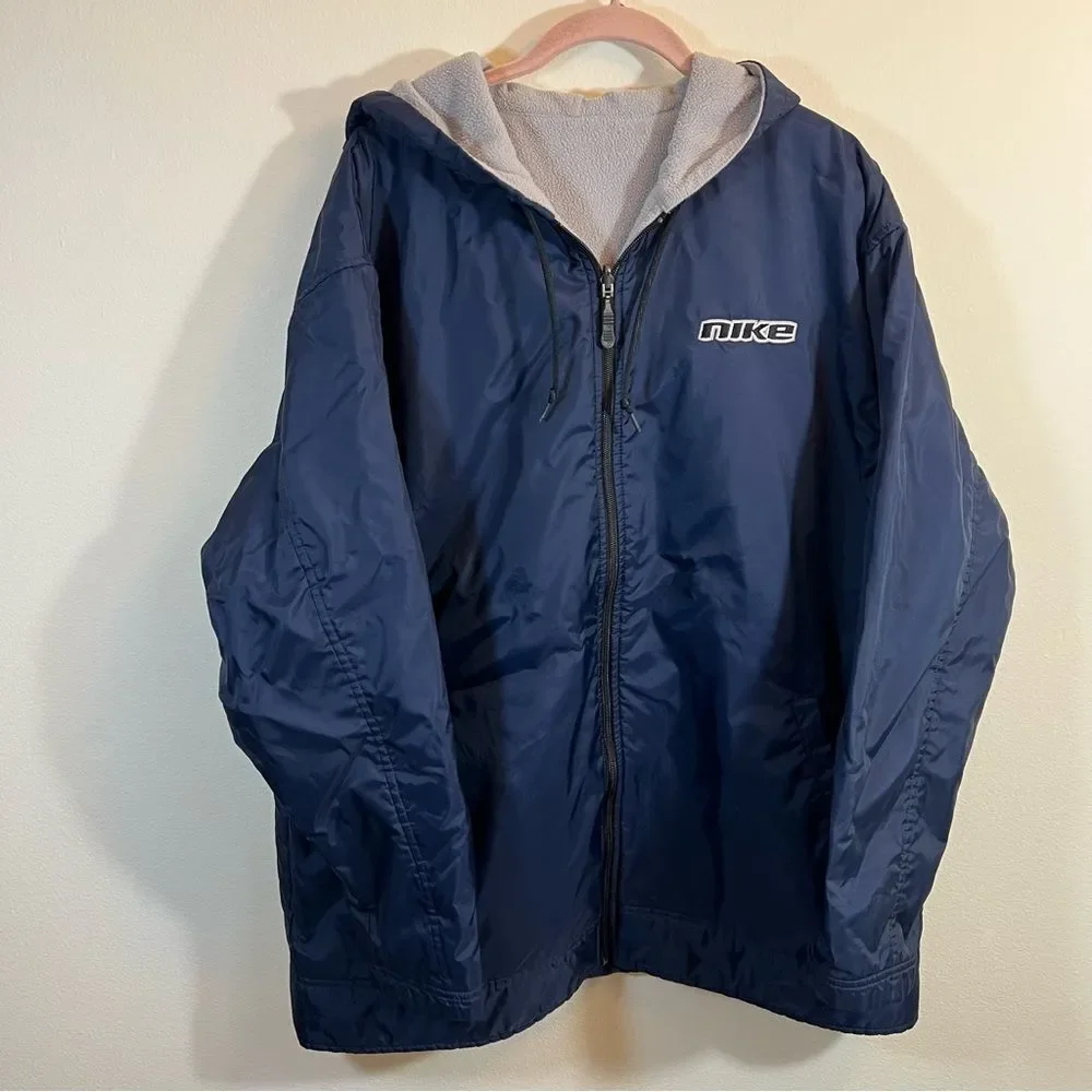 Vintage Nike Men's Navy Blue Fleece Lined Jacket Large Gray Tag