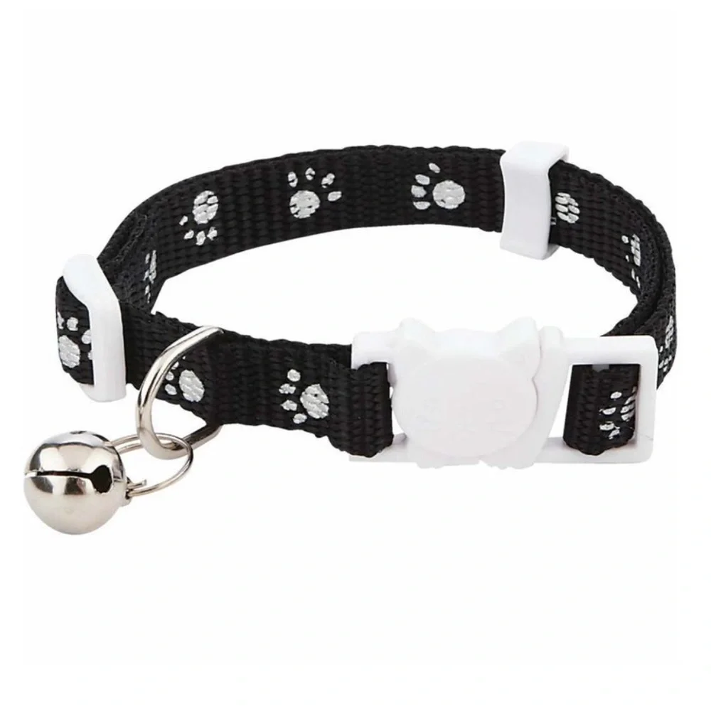 Cat Collar Reflective Adjustable Paw Print Breakaway Clasp Bell Black White 8-12