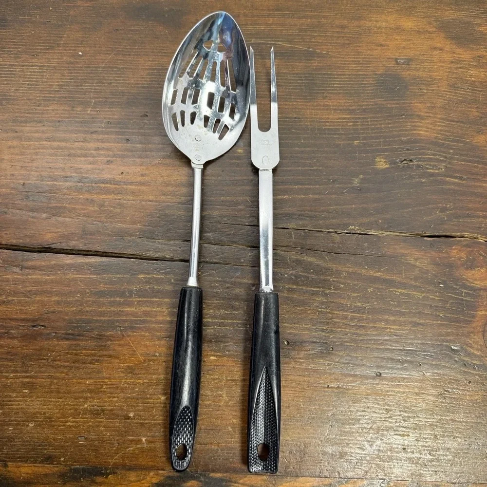 VNTG Ekco Flint Utensils Black Riveted Handles Stainless Steel Spoon Fork USA‎