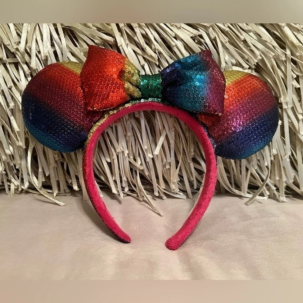 DISNEY PARKS Rainbow Sequins Minnie Mouse Ears Headband Pink Red Purple Blue