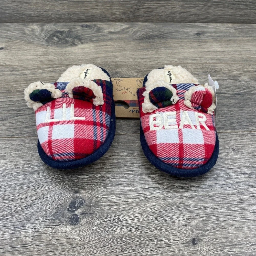 Lil Bear Dearfoam Slippers Youth Toddler Size 7 -8 ‎ Plaid Red Blue Comfort Cozy
