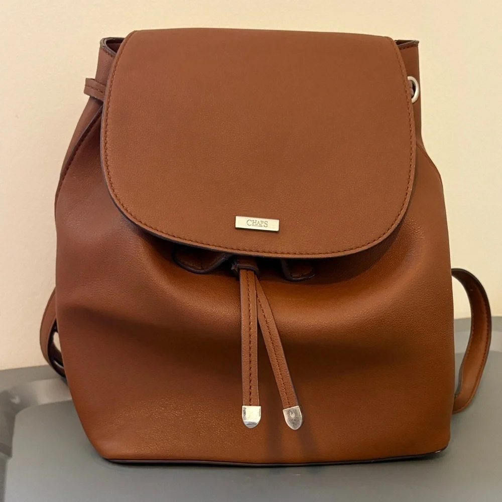 Chaps Brown Faux Leather Drawstring Backpack