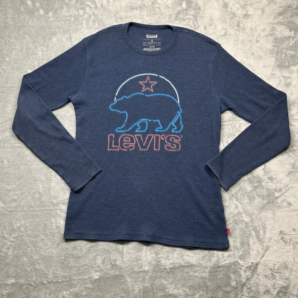 Levis Thermal Shirt Mens Medium Blue California Bear Waffle Knit Long Sleeve
