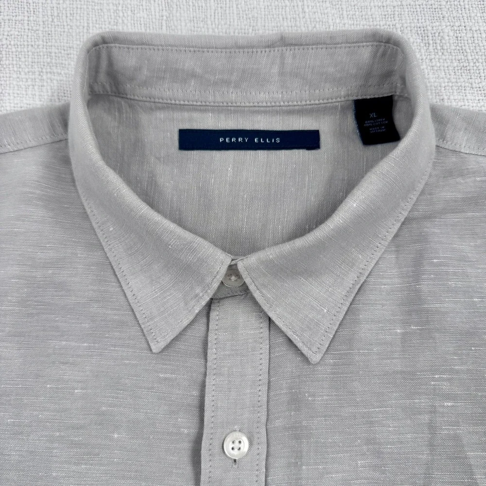 Perry Ellis Mens XL Tan Linen Cotton Blend Short Sleeve Button Up Shirt